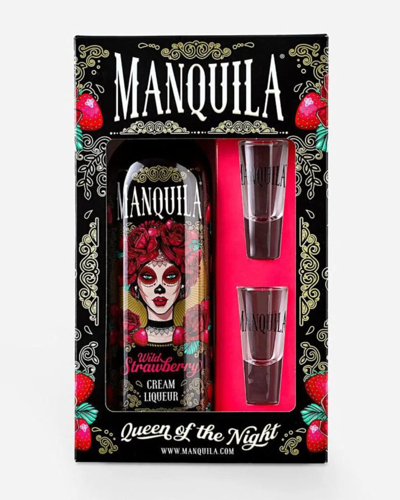 Manquilla Wild Strawberry Cream Liqueur and Shot Glasses Gift Set 70 cl